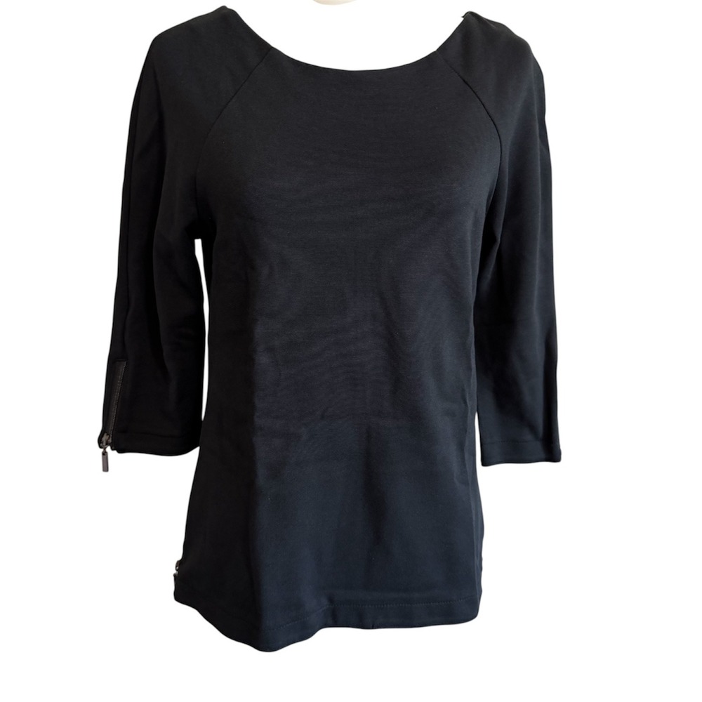 Pierre Women's M Black Ponte Knit Top Zipper Detail 3/4 Sleeve Casual Chic